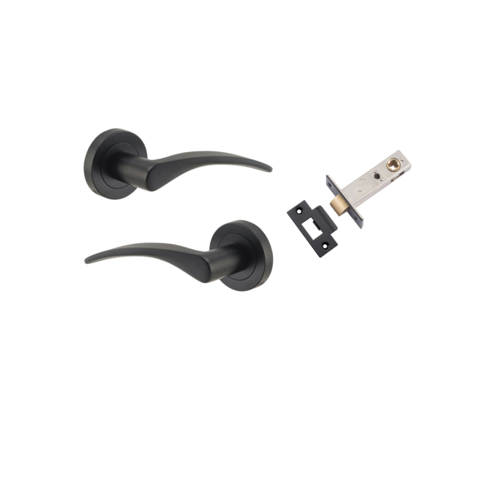 Door Lever Oxford Round Rose Pair Matt Black D52xP64mm Passage Kit, Tube Latch Split Cam 'T' Striker Matt Black Backset 60mm in Matt Black