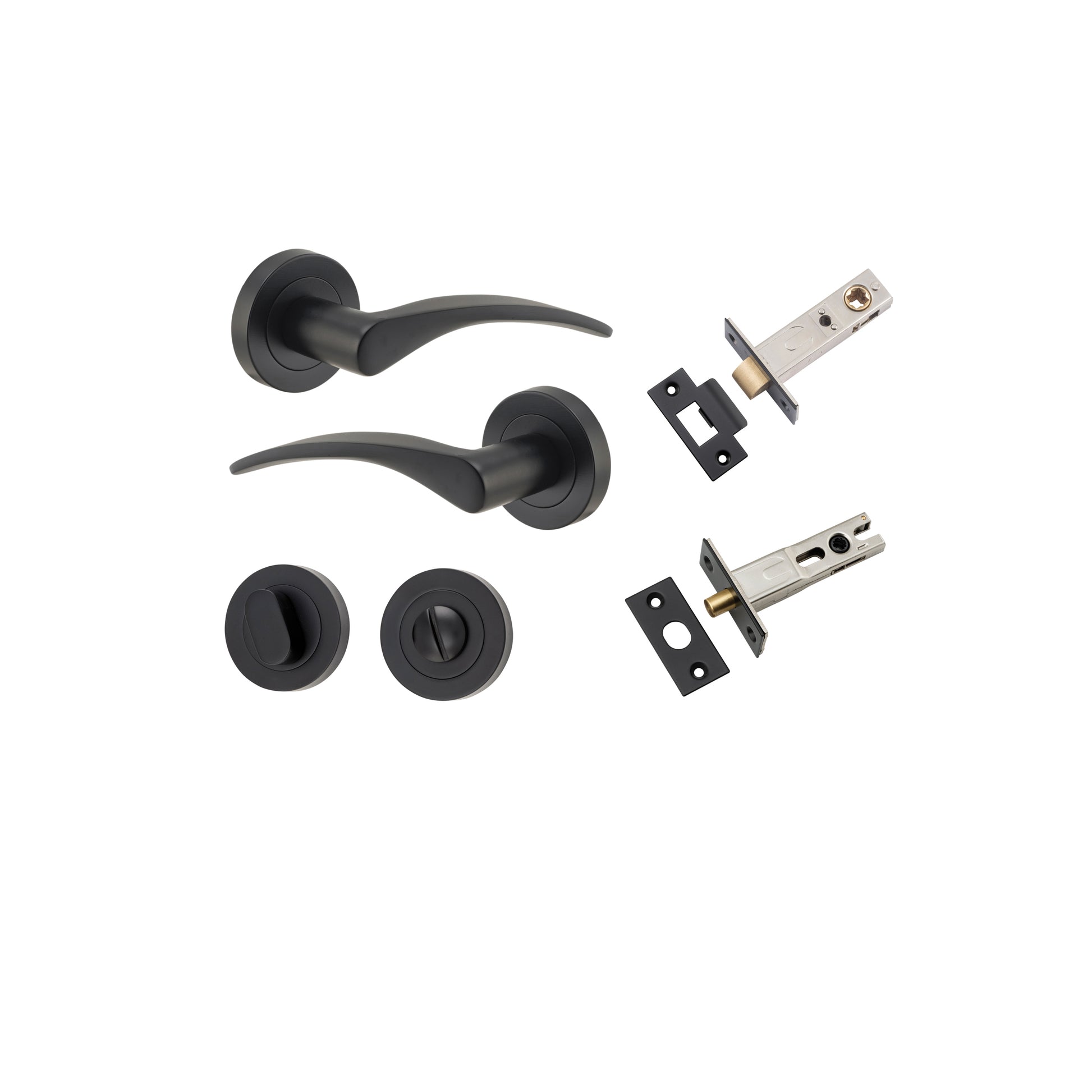 Door Lever Oxford Round Rose Pair Matt Black D52xP64mm Privacy Kit, Tube Latch Split Cam 'T' Striker Matt Black Backset 60mm, Privacy Bolt Round Bolt Matt Black Backset 60mm, Privacy Turn Oval Concealed Fix Round Matt Black D52xP23mm in Matt Black