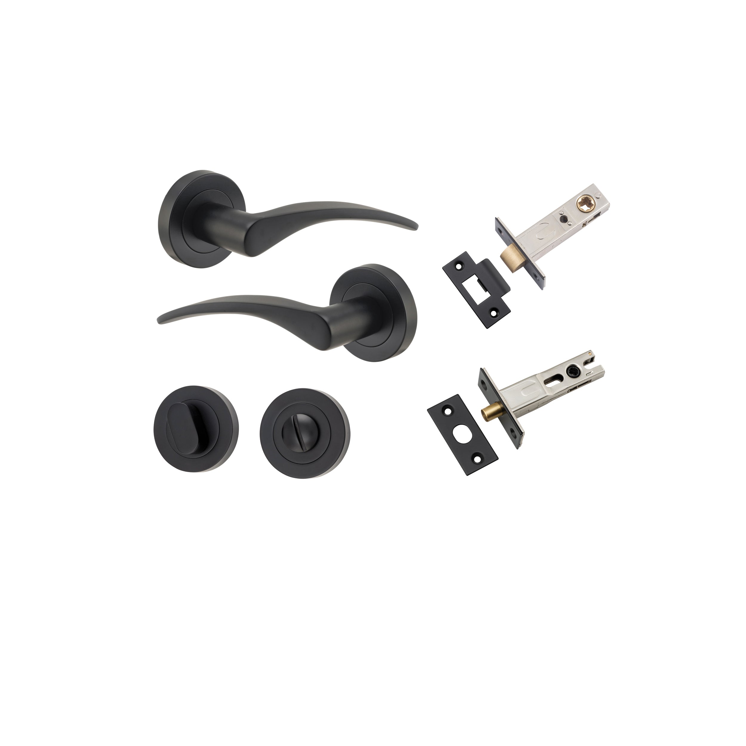 Door Lever Oxford Round Rose Pair Matt Black D52xP64mm Privacy Kit, Tube Latch Split Cam 'T' Striker Matt Black Backset 60mm, Privacy Bolt Round Bolt Matt Black Backset 60mm, Privacy Turn Oval Concealed Fix Round Matt Black D52xP23mm in Matt Black