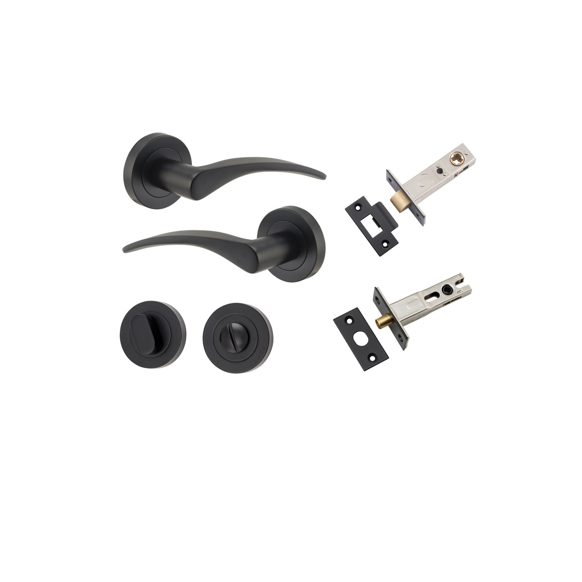 Door Lever Oxford Round Rose Pair Matt Black D52xP64mm Privacy Kit, Tube Latch Split Cam 'T' Striker Matt Black Backset 60mm, Privacy Bolt Round Bolt Matt Black Backset 60mm, Privacy Turn Oval Concealed Fix Round Matt Black D52xP23mm in Matt Black