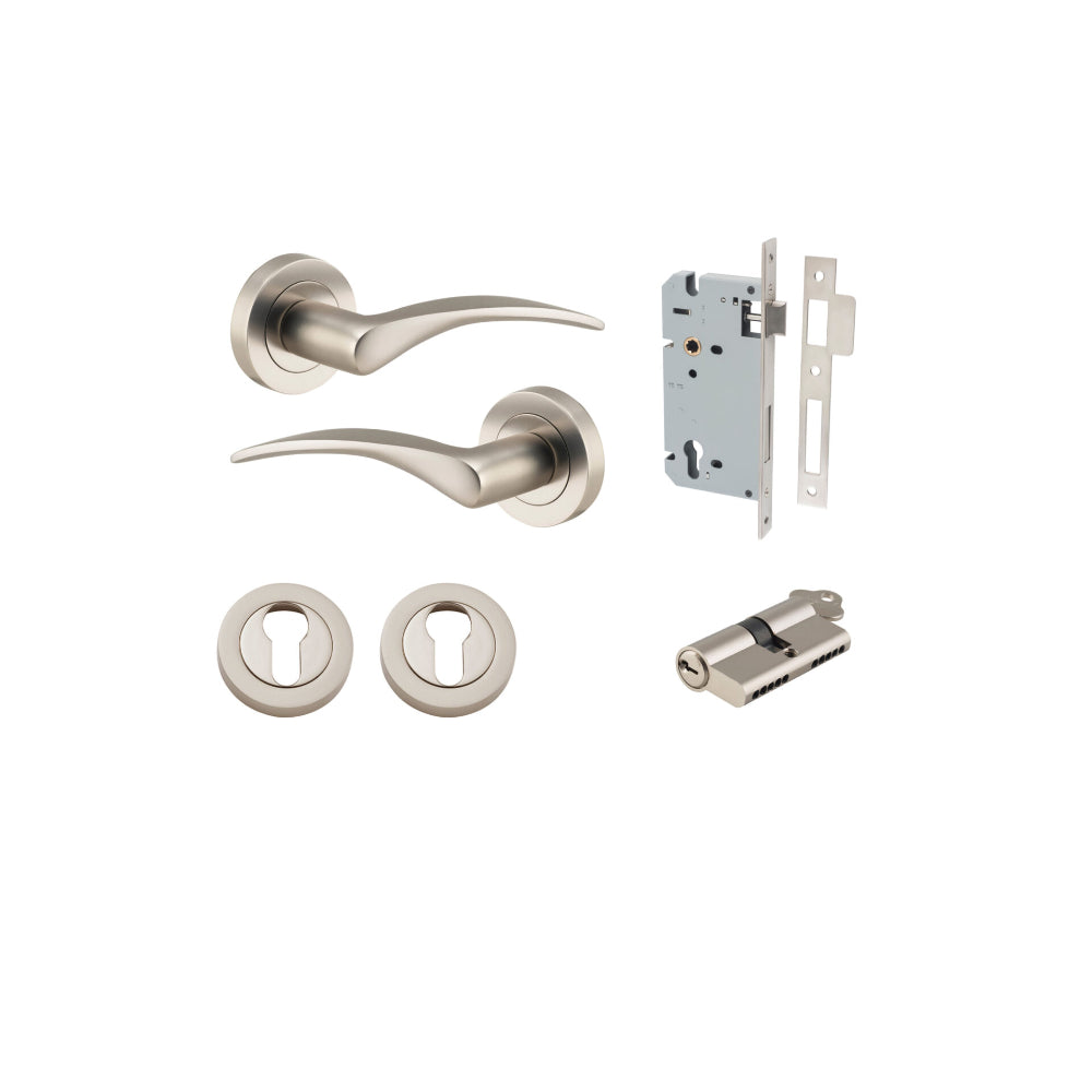 Door Lever Oxford Round Rose Pair Satin Nickel D52xP64mm Entrance Kit, Mortice Lock Euro Satin Nickel CTC85mm Backset 60mm, Euro Cylinder Dual Function 5 Pin Satin Nickel L65mm KA1, Escutcheon Euro Concealed Fix Round Pair Satin Nickel D52xP10mm in Satin