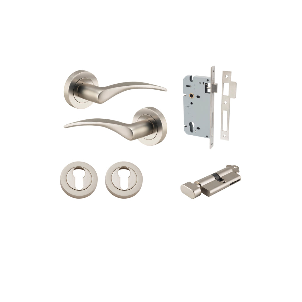 Door Lever Oxford Round Rose Pair Satin Nickel D52xP64mm Entrance Kit, Mortice Lock Euro Satin Nickel CTC85mm Backset 60mm, Euro Cylinder Key Thumb 6 Pin Satin Nickel L70mm KA1, Escutcheon Euro Concealed Fix Round Pair Satin Nickel D52xP10mm in Satin Nickel