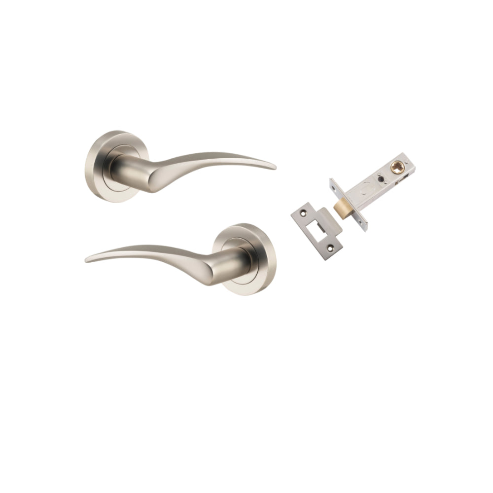 Door Lever Oxford Round Rose Pair Satin Nickel D52xP64mm Passage Kit, Tube Latch Split Cam 'T' Striker Satin Nickel Backset 60mm in Satin Nickel