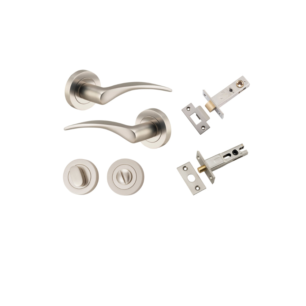 Door Lever Oxford Round Rose Pair Satin Nickel D52xP64mm Privacy Kit, Tube Latch Split Cam 'T' Striker Satin Nickel Backset 60mm, Privacy Bolt Round Bolt Satin Nickel Backset 60mm, Privacy Turn Oval Concealed Fix Round Satin Nickel D52xP23mm in Satin Nickel