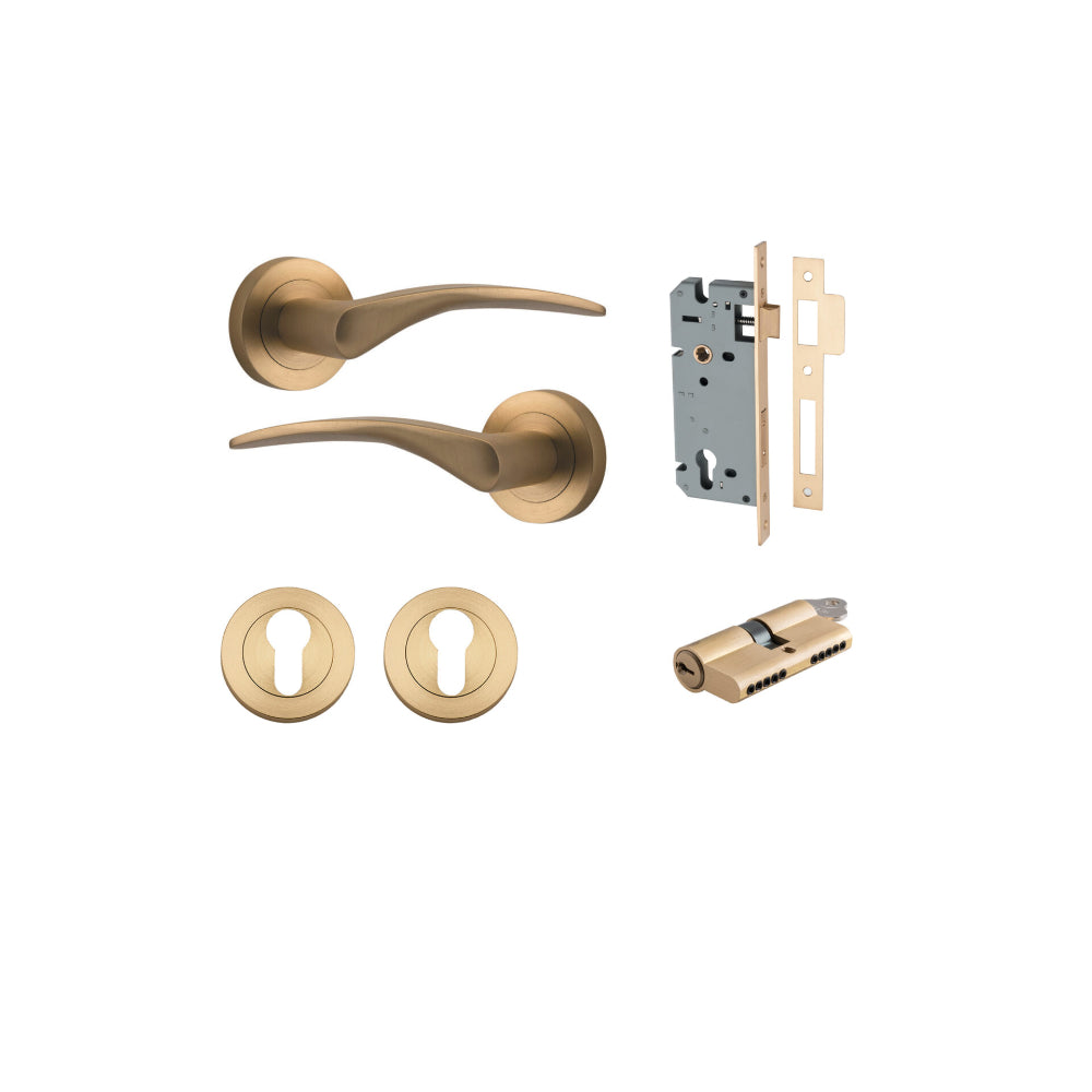 Door Lever Oxford Round Rose Pair Brushed Brass D52xP64mm Entrance Kit, Mortice Lock Euro Brushed Brass CTC85mm Backset 60mm, Euro Cylinder Dual Function 5 Pin Brushed Brass L65mm KA1, Escutcheon Euro Concealed Fix Round Pair Brushed Brass D52xP10mm in Brushed Brass