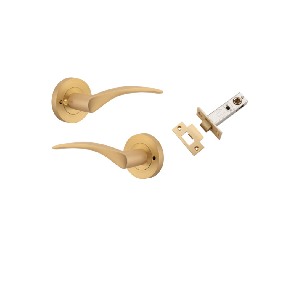 Door Lever Oxford Round Rose Inbuilt Privacy Pair Brushed Brass D58xP64mm with Tube Latch Privacy with Faceplate & T Striker Backset 60mm in Brushed Brass