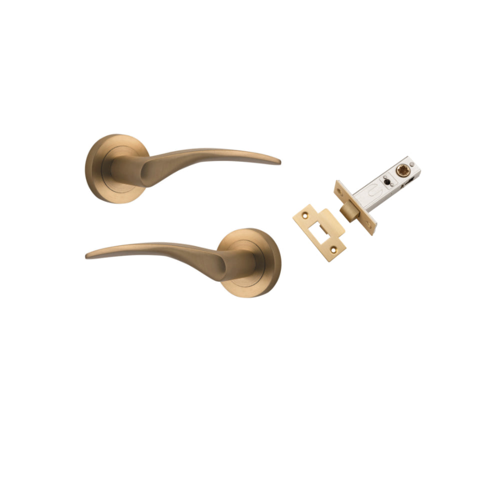 Door Lever Oxford Round Rose Pair Brushed Brass D52xP64mm Passage Kit, Tube Latch Split Cam 'T' Striker Brushed Brass Backset 60mm in Brushed Brass