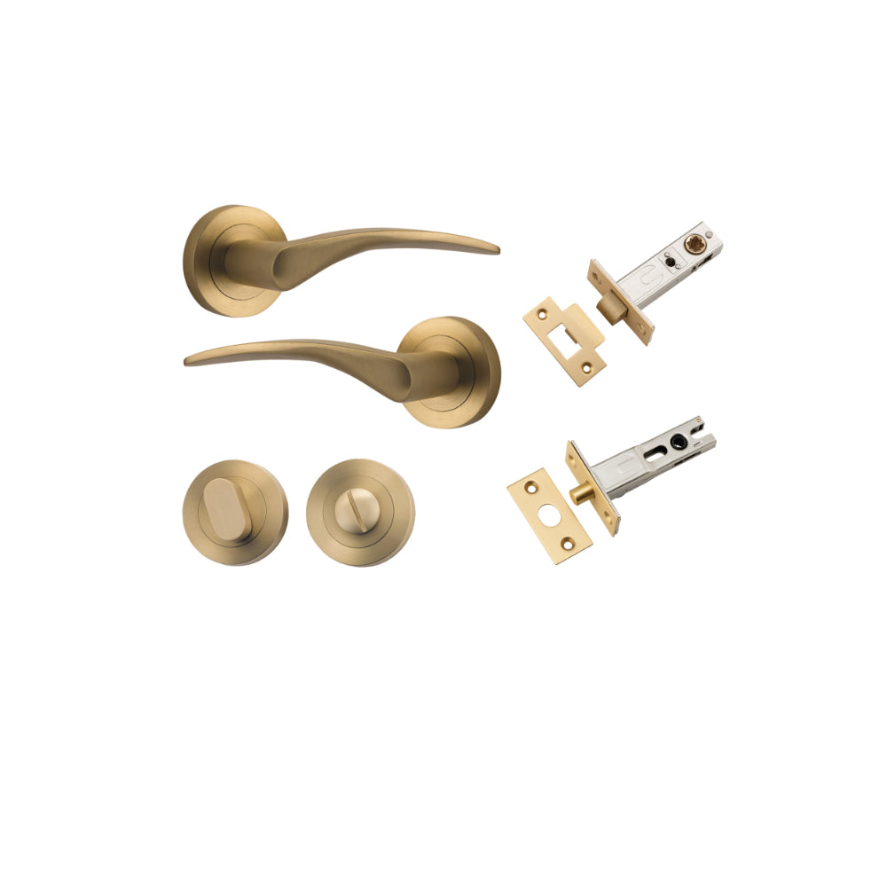 Door Lever Oxford Round Rose Pair Brushed Brass D52xP64mm Privacy Kit, Tube Latch Split Cam 'T' Striker Brushed Brass Backset 60mm, Privacy Bolt Round Bolt Brushed Brass Backset 60mm, Privacy Turn Oval Concealed Fix Round Brushed Brass D52xP23mm in Brushe