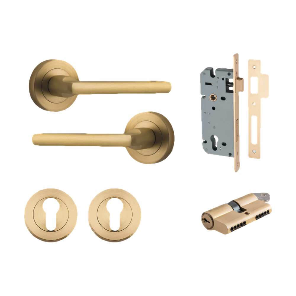 Door Lever Baltimore Round Rose Pair Brushed Brass D52xP58mm Entrance Kit, Mortice Lock Euro Brushed Brass CTC85mm Backset 60mm, Euro Cylinder Dual Function 5 Pin Brushed Brass L65mm KA1, Escutcheon Euro Concealed Fix Round Pair Brushed Brass D52x… in Brushed Brass