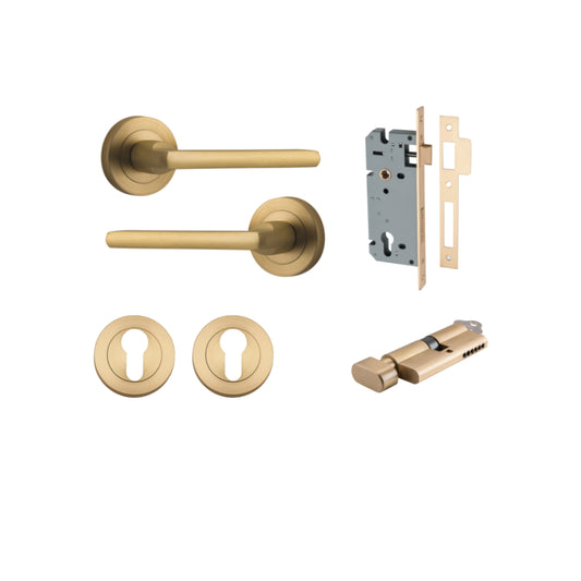 Door Lever Baltimore Round Rose Pair Brushed Brass D52xP58mm Entrance Kit, Mortice Lock Euro Brushed Brass CTC85mm Backset 60mm, Euro Cylinder Key Thumb 6 Pin Brushed Brass L70mm  
 KA1, Escutcheon Euro Concealed Fix Round Pair Brushed Brass D52xP… in Br
