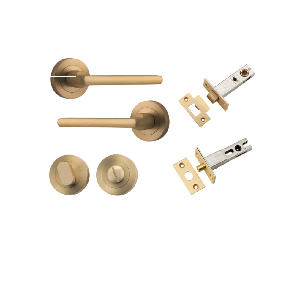 Door Lever Baltimore Round Rose Pair Brushed Brass D52xP58mm Privacy Kit, Tube Latch Split Cam 'T' Striker Brushed Brass Backset 60mm, Privacy Bolt Round Bolt Brushed Brass Backset 60mm, Privacy Turn Oval Concealed Fix Round Brushed Brass D52xP23mm in Brushed Brass
