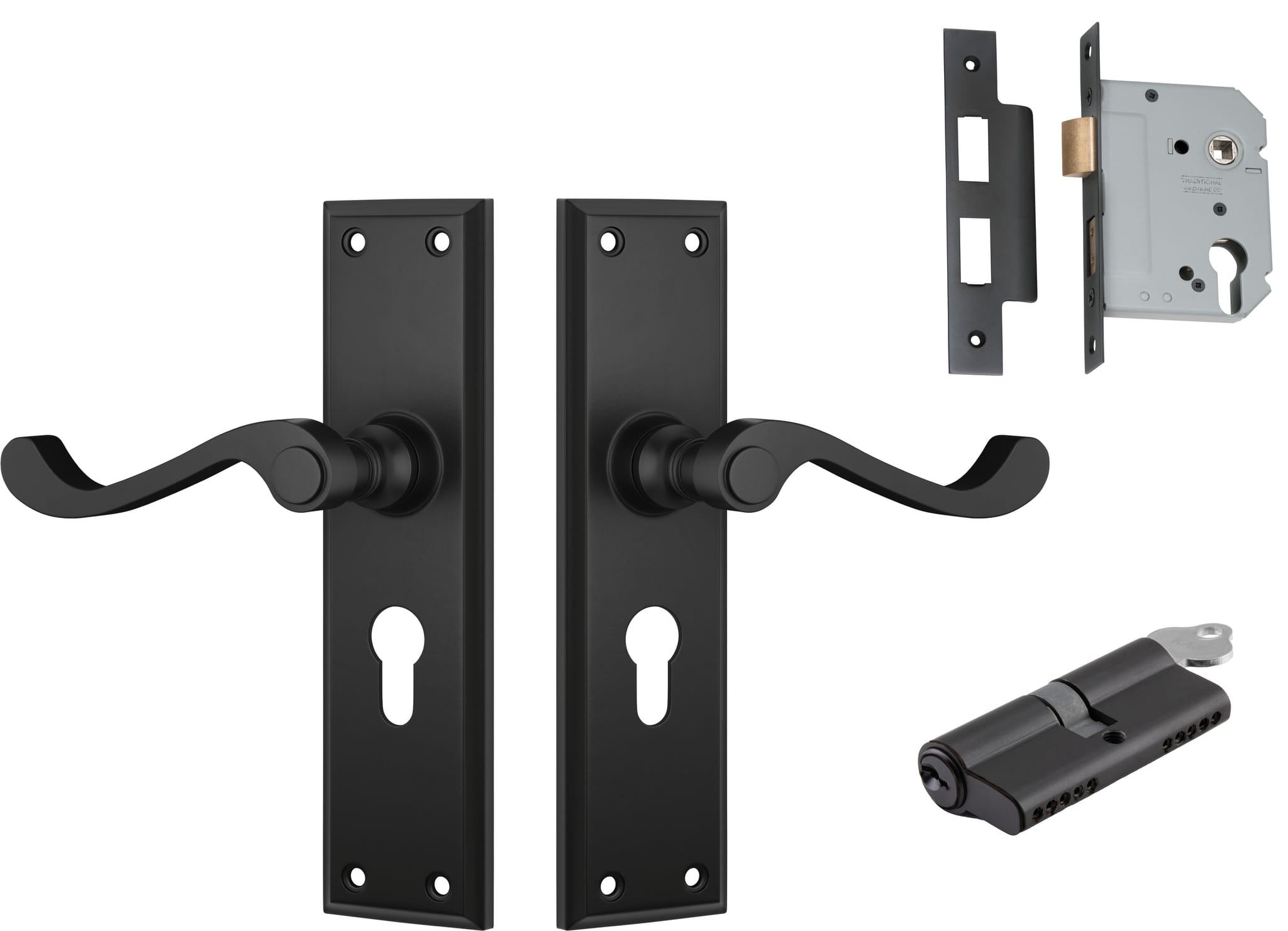 Door Lever Milton Matt Black Key / Key Entrance Set in Matt Black