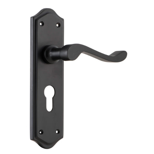 Door Lever Henley Euro Pair Matt Black H180xW50xP58mm in Matt Black