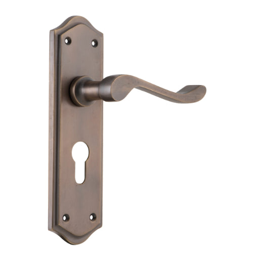 Door Lever Henley Euro Pair Antique Brass H180xW50xP58mm in Antique Brass
