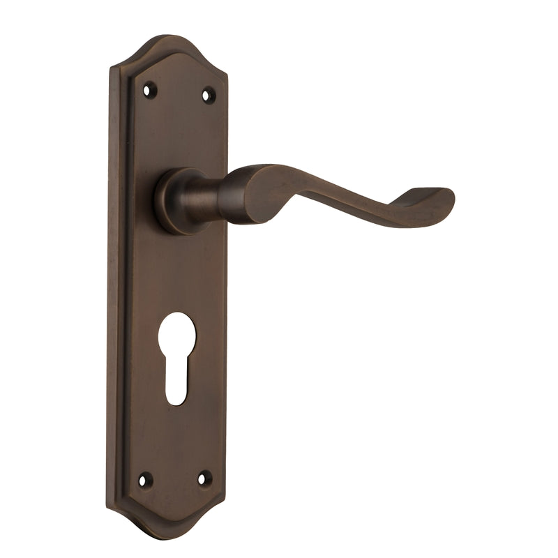 Door Lever Henley Euro Pair Antique Brass H180xW50xP58mm in Antique Brass