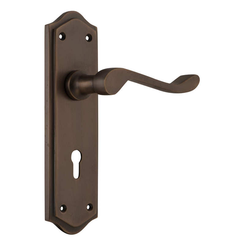 Door Lever Henley Lock Pair Antique Brass H180xW50xP58mm in Antique Brass
