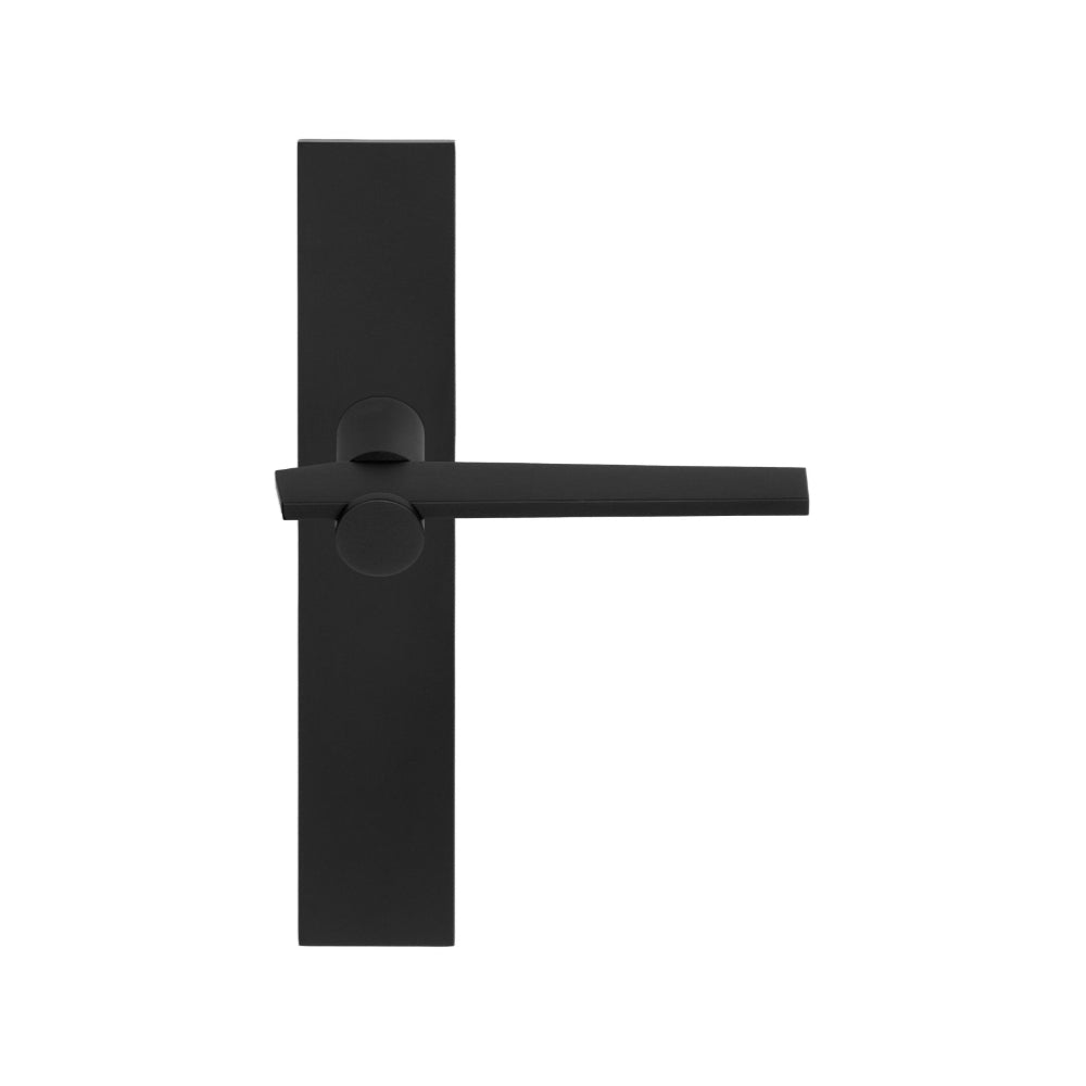 Pair of Formani TENSE lever handles on rectangular backplates, showcasing sleek modern door hardware design.
