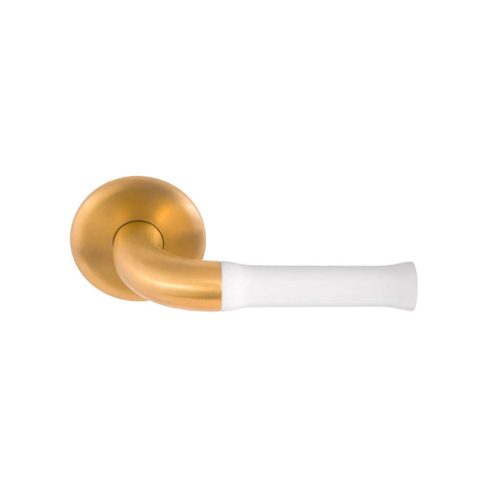 NOUR EV101/64 sprung lever handle on rose PVD satin gold/white in Satin Gold/White PVD