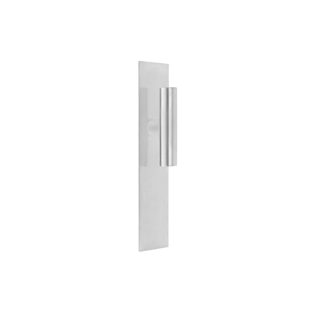Pair of Formani INC T-Lever door handles with 38mm diameter on rectangular backplates, shown in polished finish.