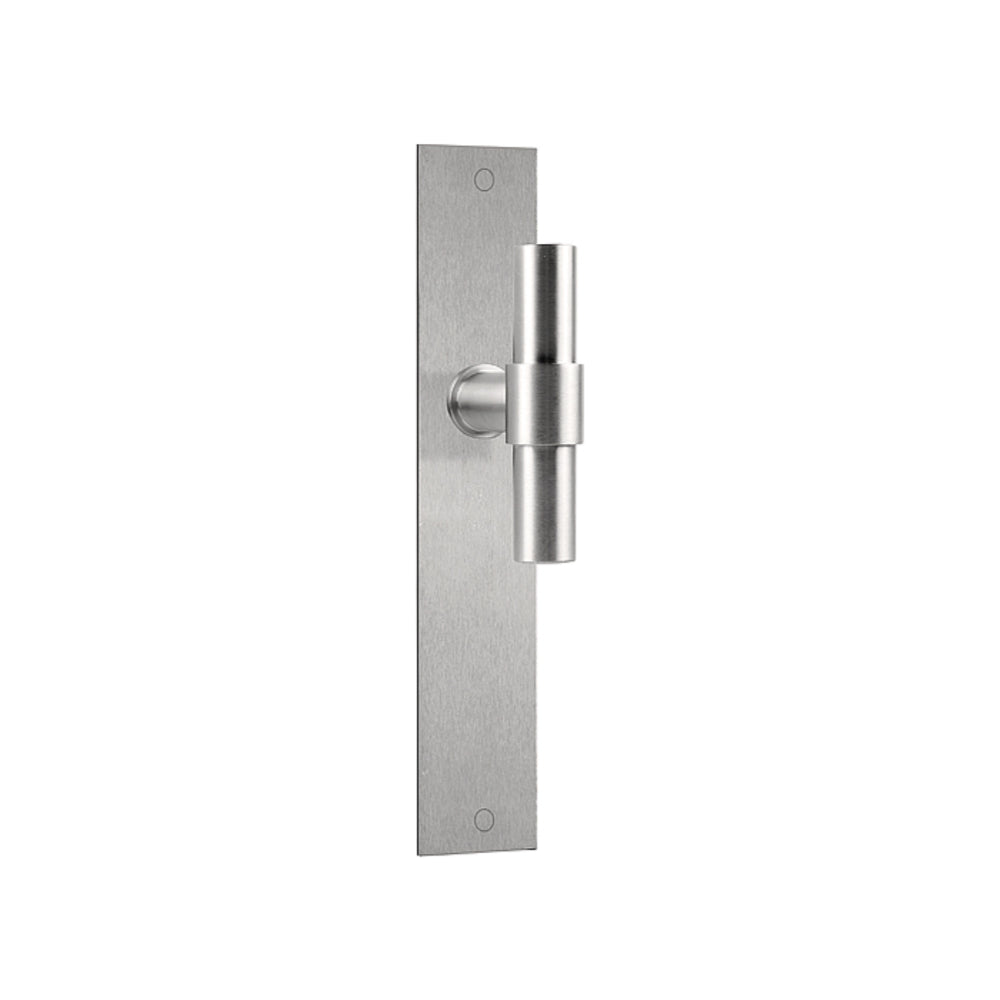 Pair of Formani ONE T-Lever 20mm diameter door handles on rectangular backplates, showcasing sleek modern design.