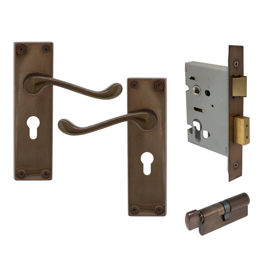 York Square Longplate - Euro Locking Set in Antique Bronze