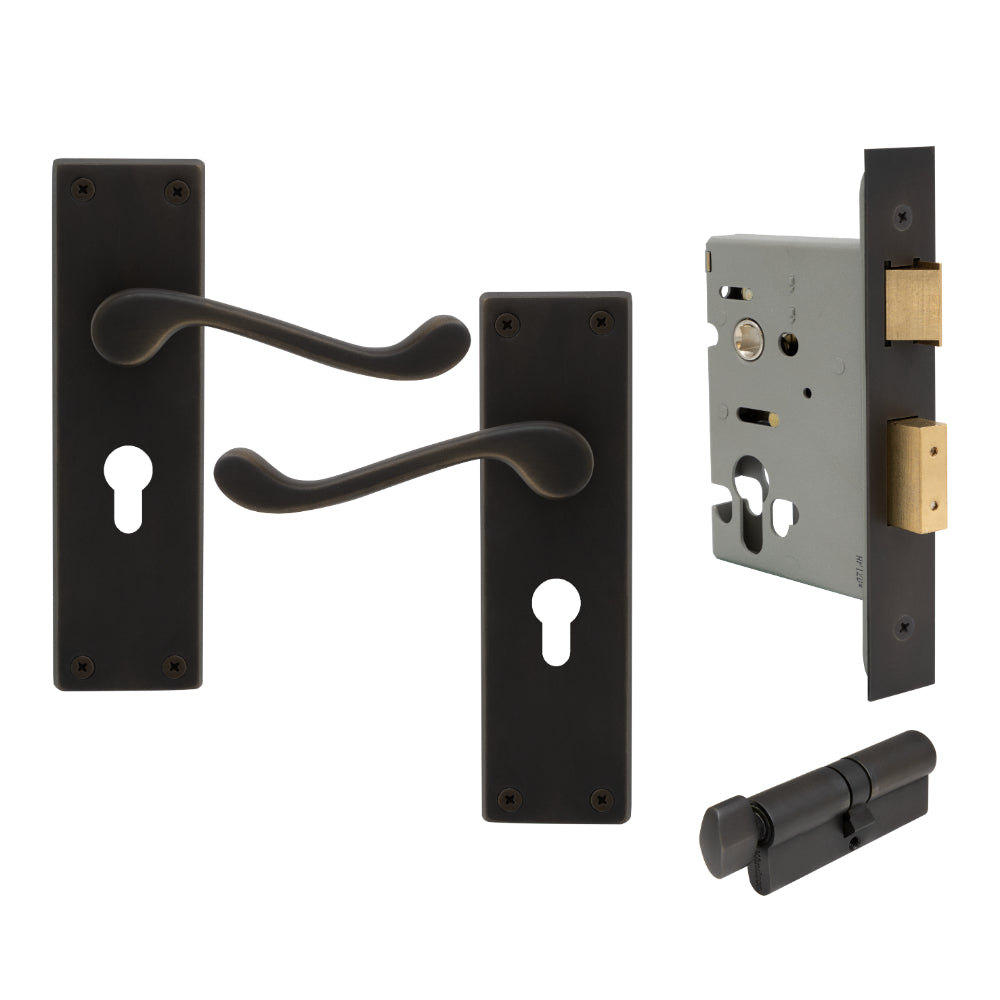 York Square Longplate - Euro Locking Set in Dark Roman Brass