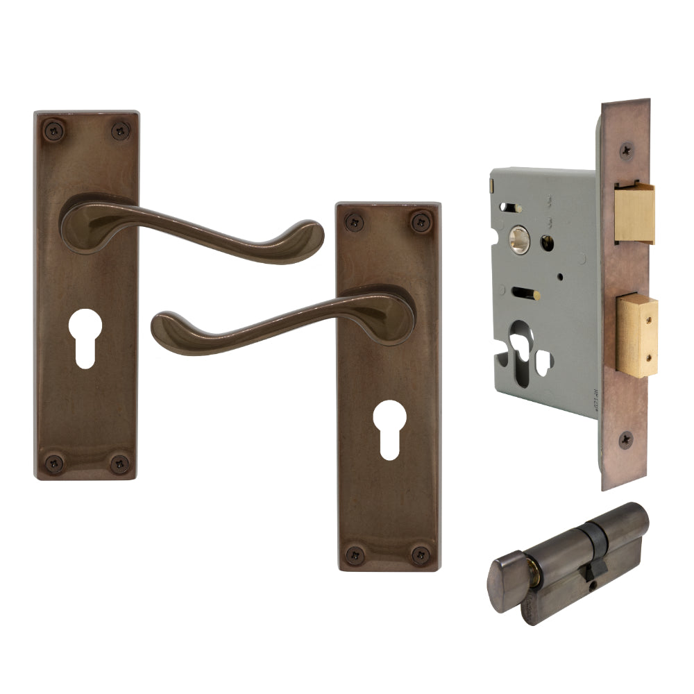 York Square Longplate - Euro Locking Set in Natural Bronze