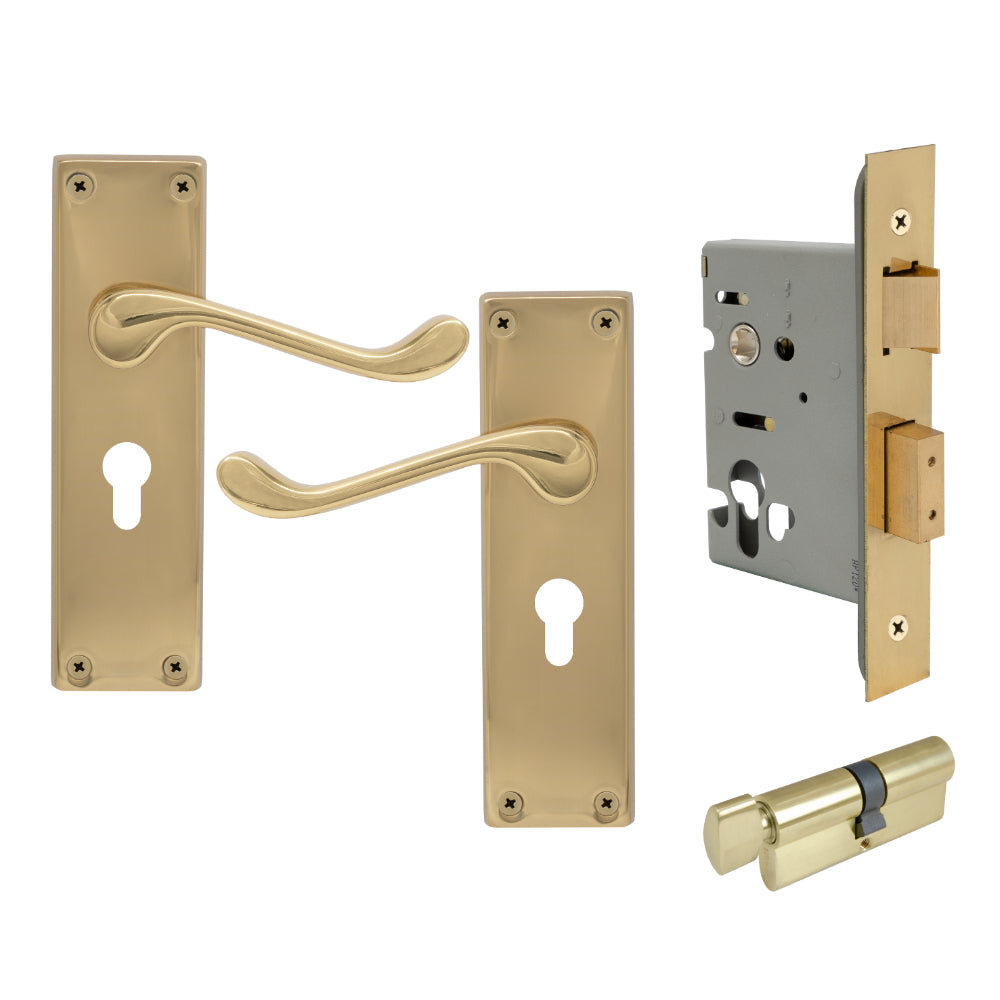 York Square Longplate - Euro Locking Set in Polished Brass