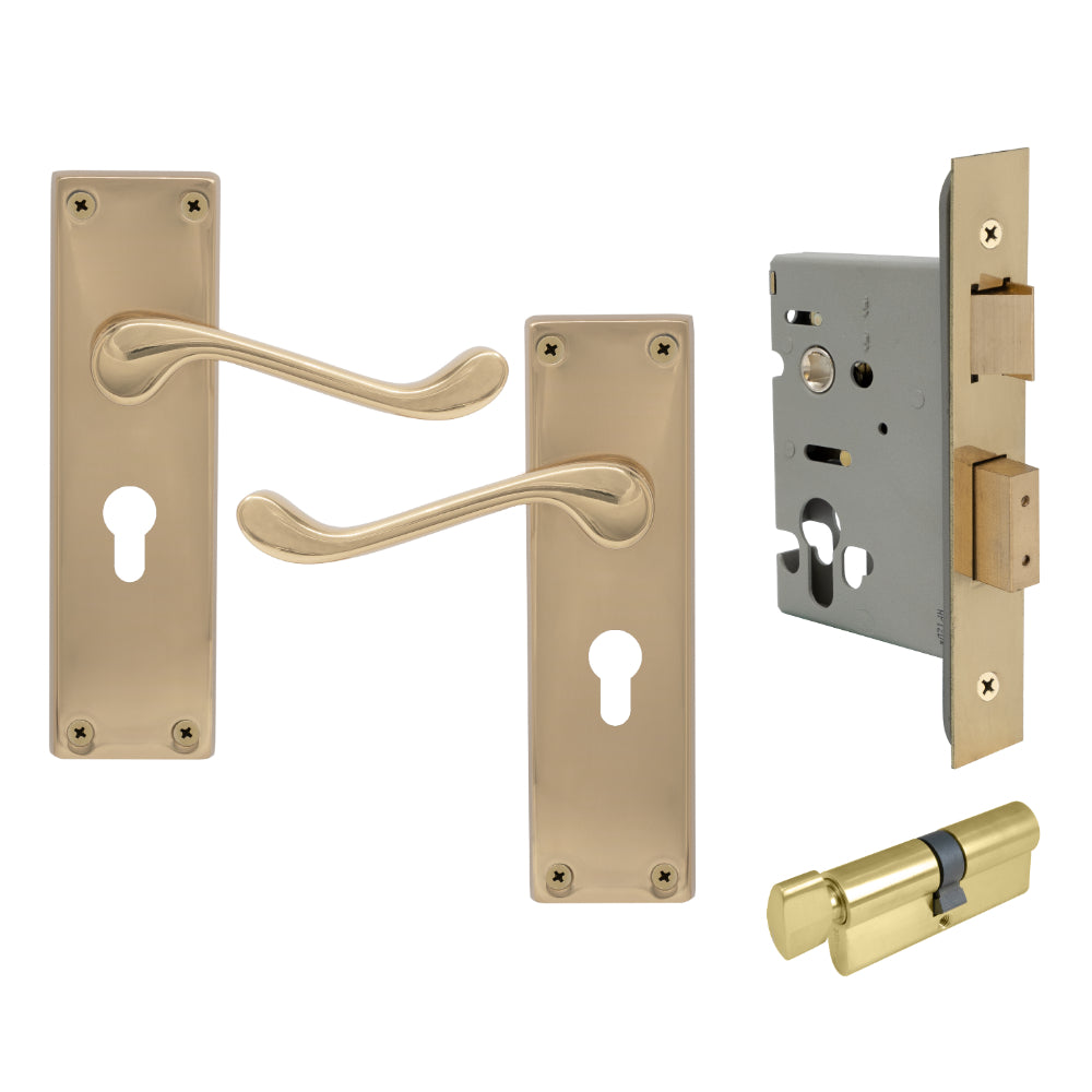 York Square Longplate - Euro Locking Set in Unlacquered Brass