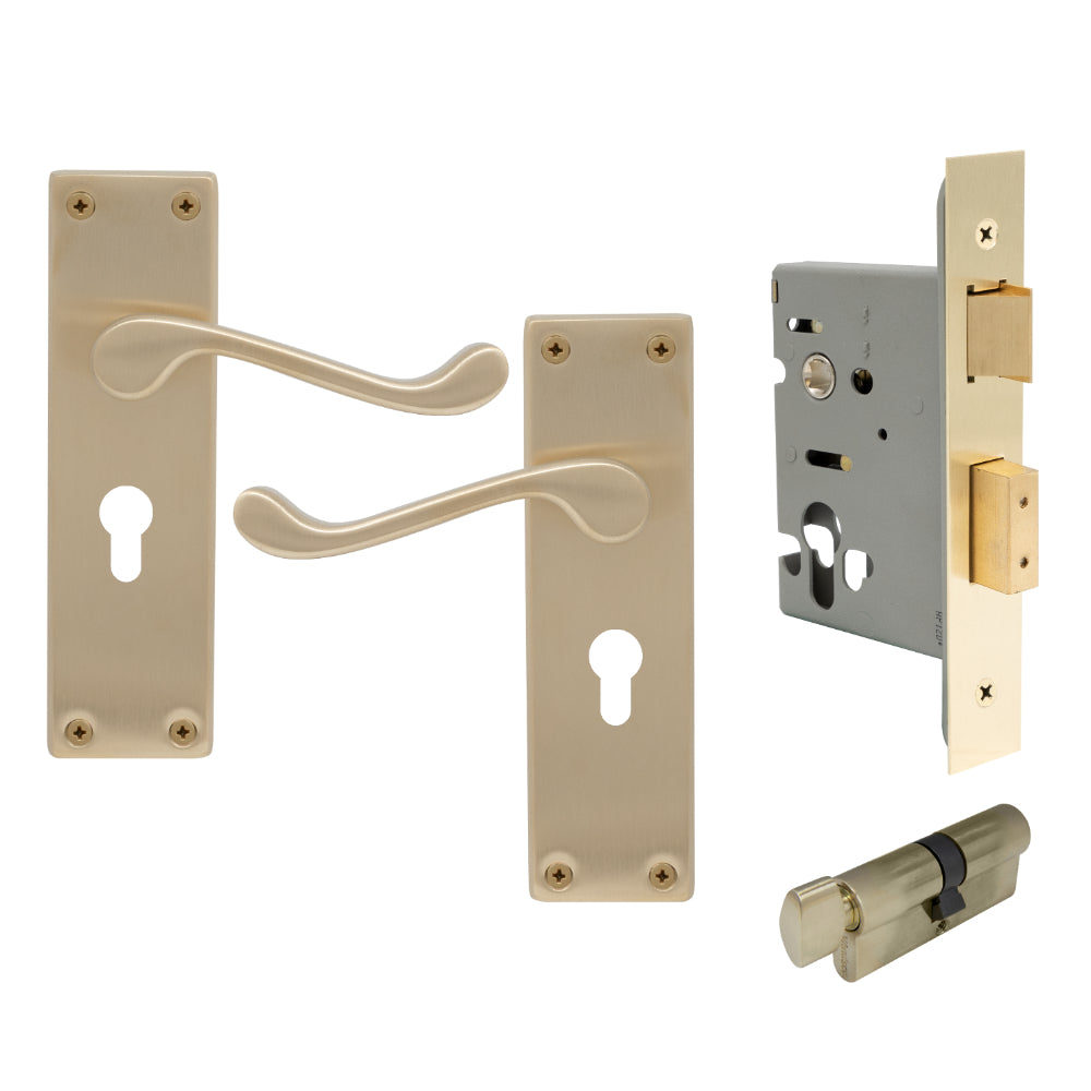 York Square Longplate - Euro Locking Set in Unlacquered Satin Brass