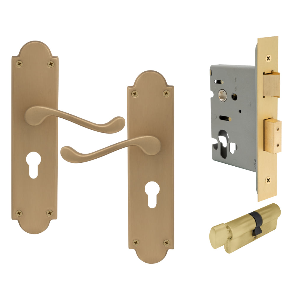 York Victorian Longplate - Euro Locking Set in Matt Satin Brass