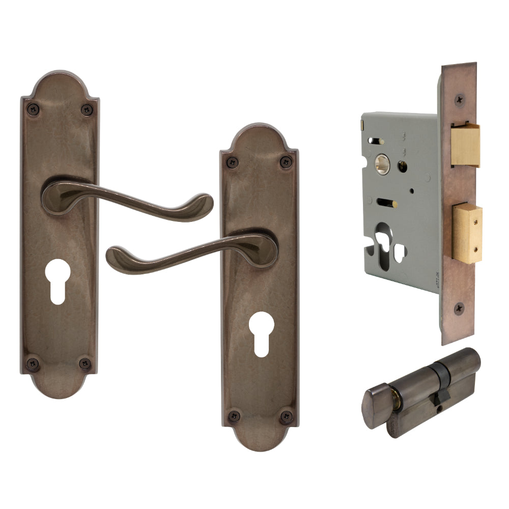 York Victorian Longplate - Euro Locking Set in Natural Bronze