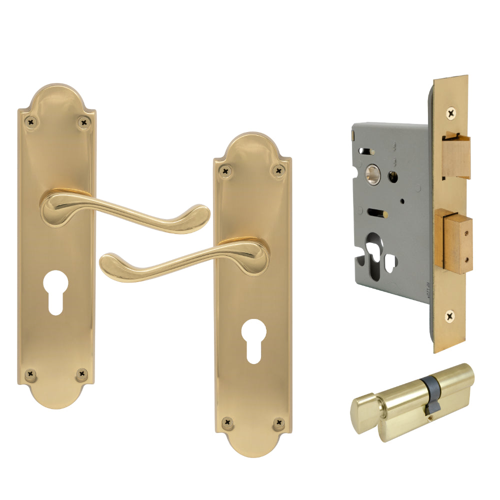 York Victorian Longplate - Euro Locking Set in Polished Brass