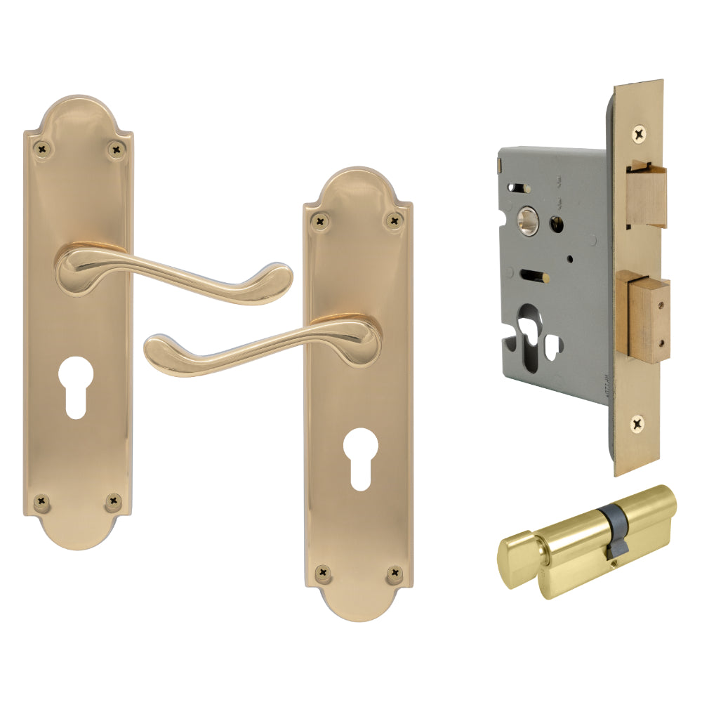 York Victorian Longplate - Euro Locking Set in Unlacquered Brass