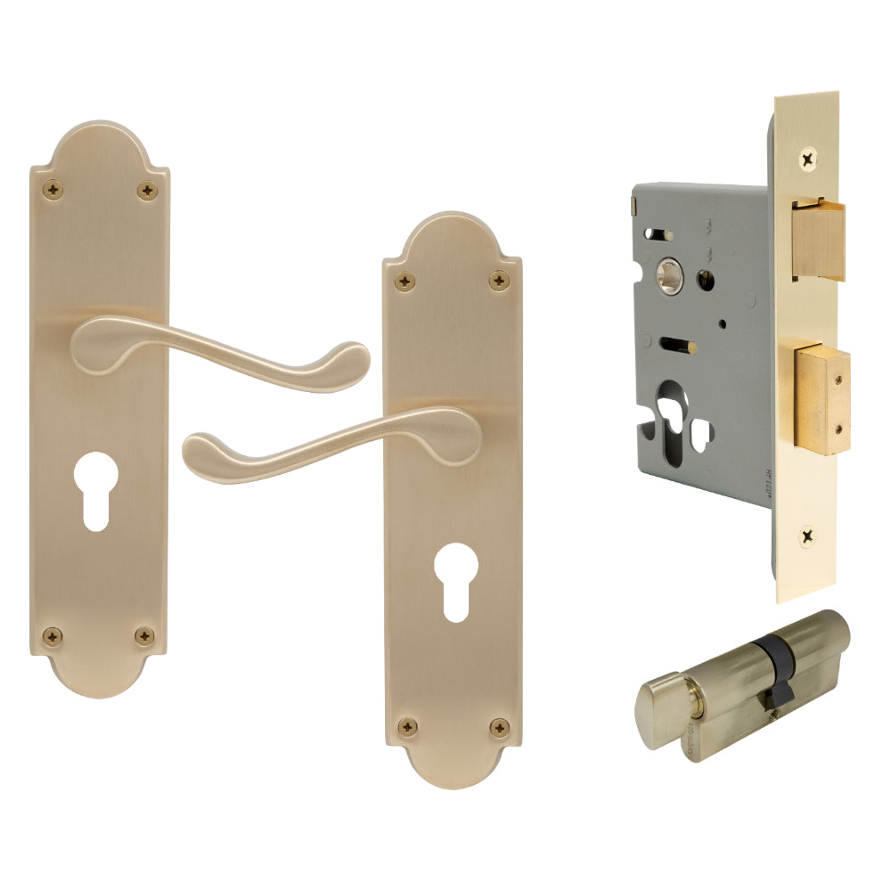 York Victorian Longplate - Euro Locking Set in Unlacquered Satin Brass