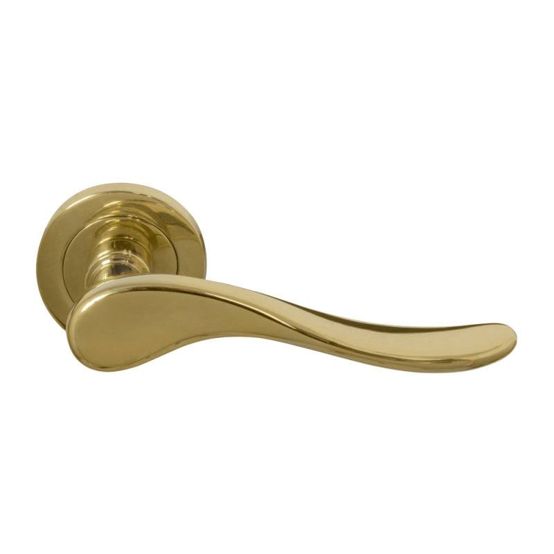 Haven 52mm Round Rose Lever Set in Satin Brass Unlaquered