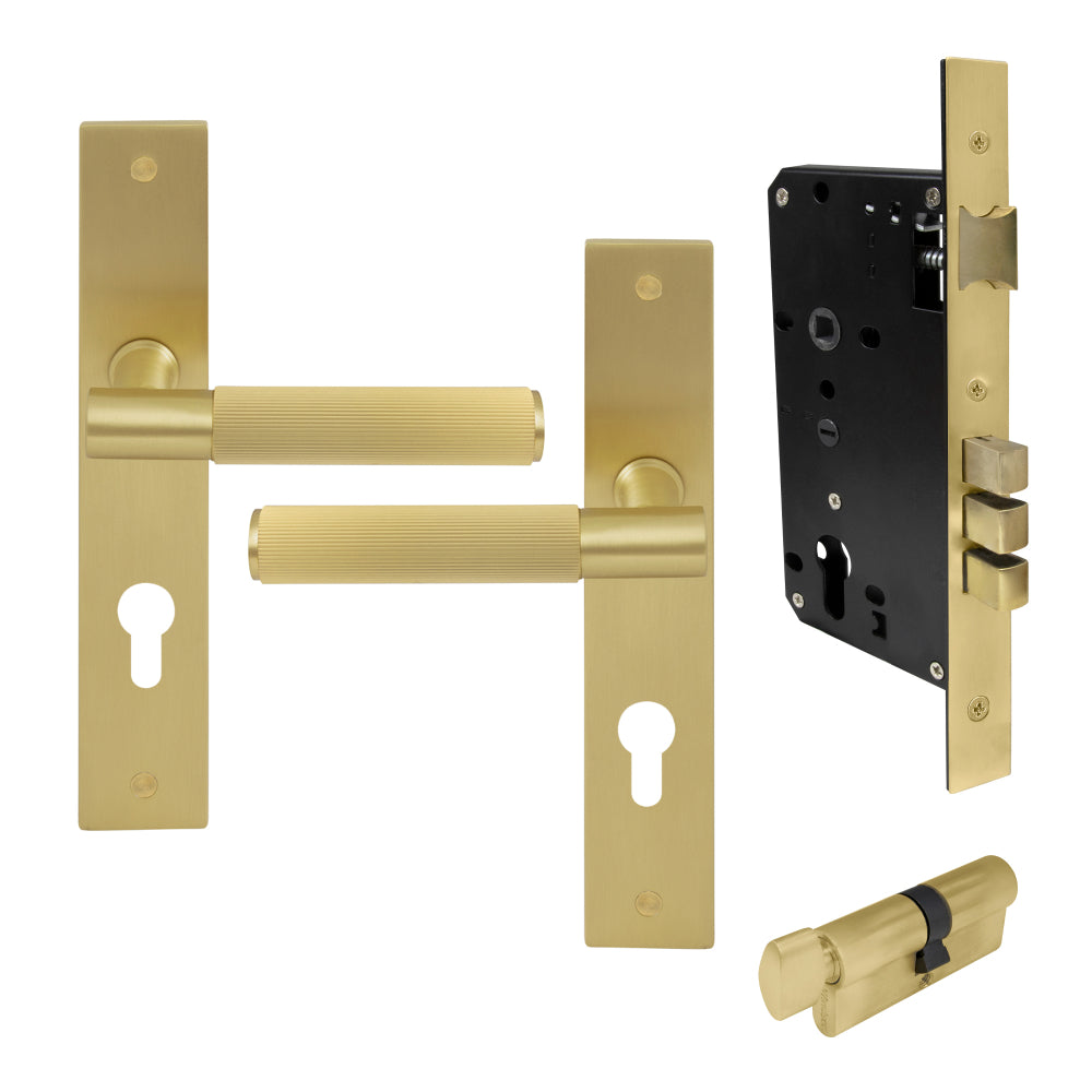NIDO - Verge L/Plate Entrance Set E85 - Linear Knurl in Matt Satin Brass