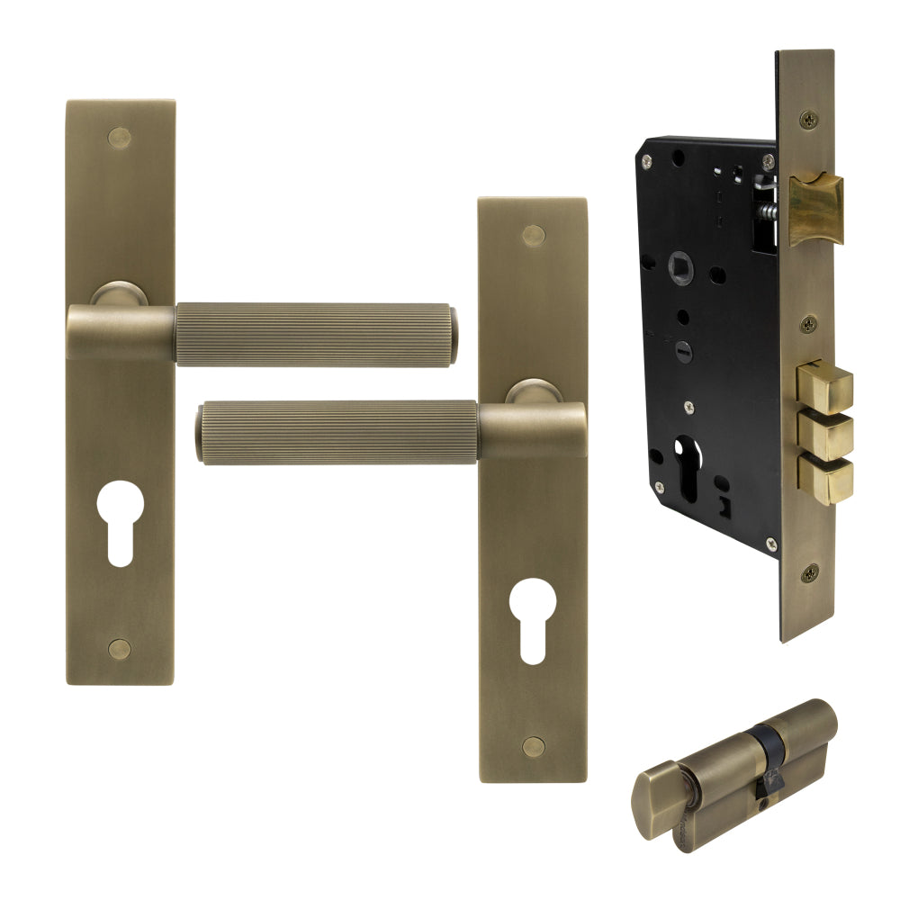 NIDO - Verge L/Plate Entrance Set E85 - Linear Knurl in Roman Brass