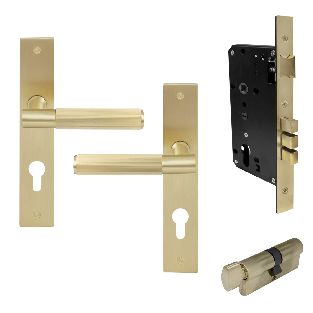 NIDO - Verge Longplate Entrance Set - Linear Knurl in Unlacquered Satin Brass