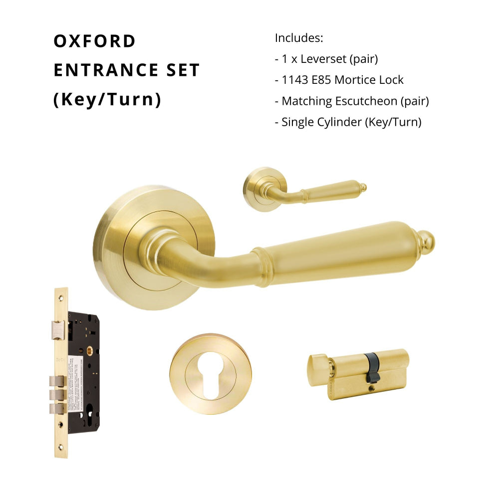 Oxford Entrance Set - Includes 10071, 1143, 7020.2 & 1148 (70mm Key/Turn) in Satin Brass