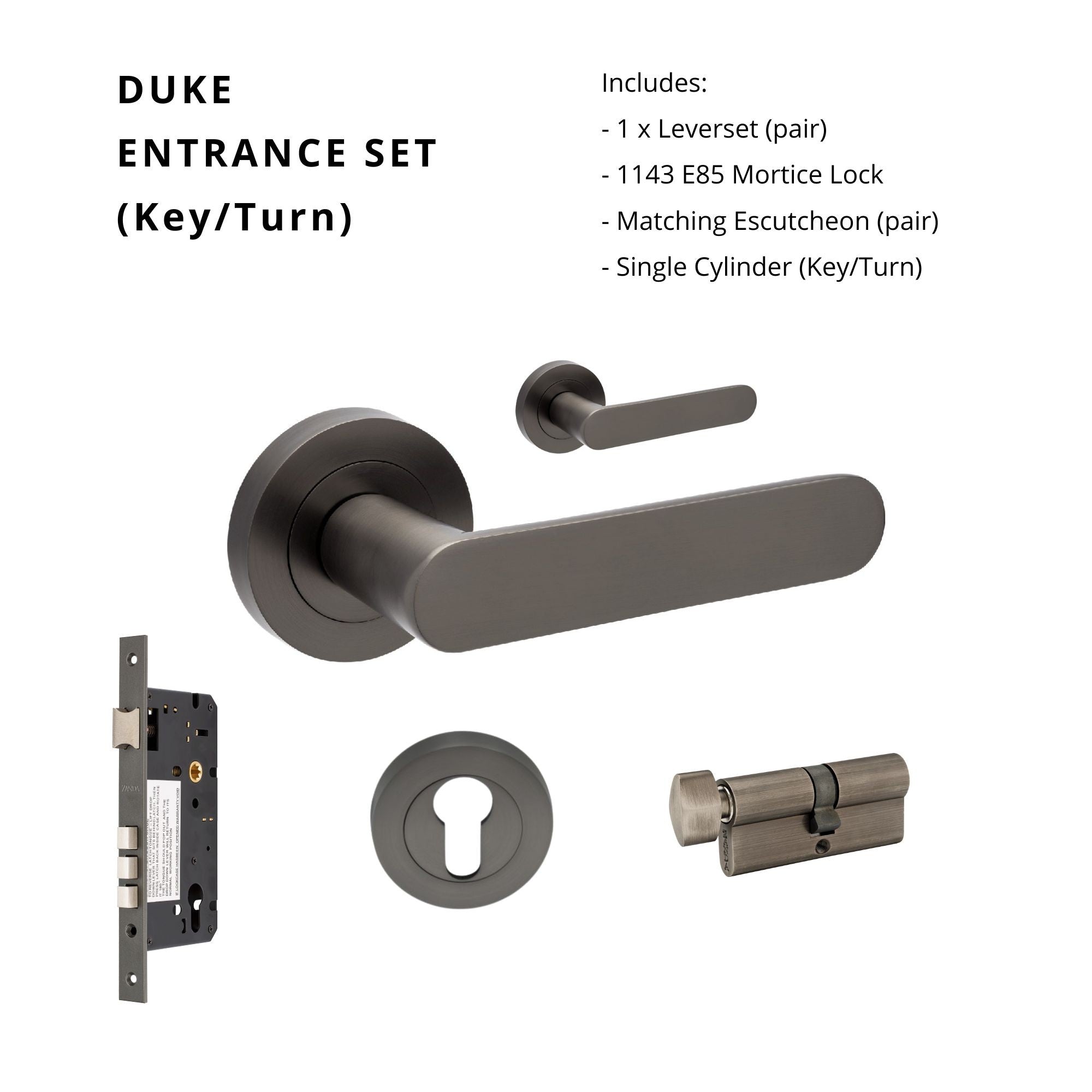 Duke Entrance Set - Includes 10090 Lever, 1143 Mortice Lock, 7020.2 Euro Esc. & 1148 Euro Cylinder (70mm Key/Turn) in Graphite Nickel