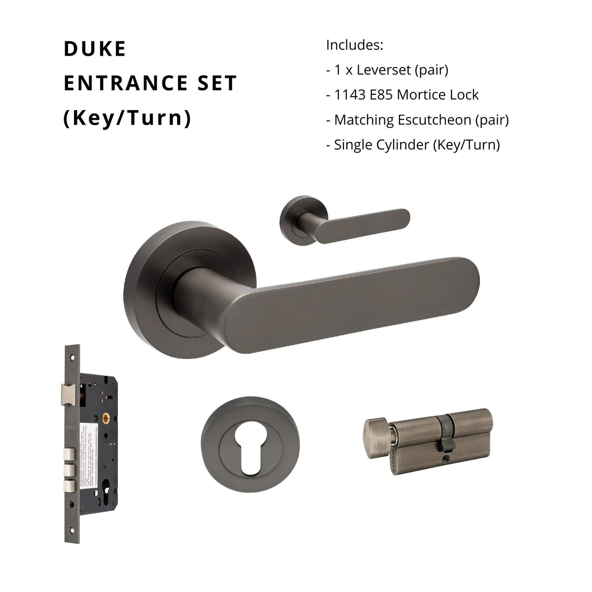 Duke Entrance Set - Includes 10090 Lever, 1143 Mortice Lock, 7020.2 Euro Esc. & 1148 Euro Cylinder (70mm Key/Turn) in Graphite Nickel