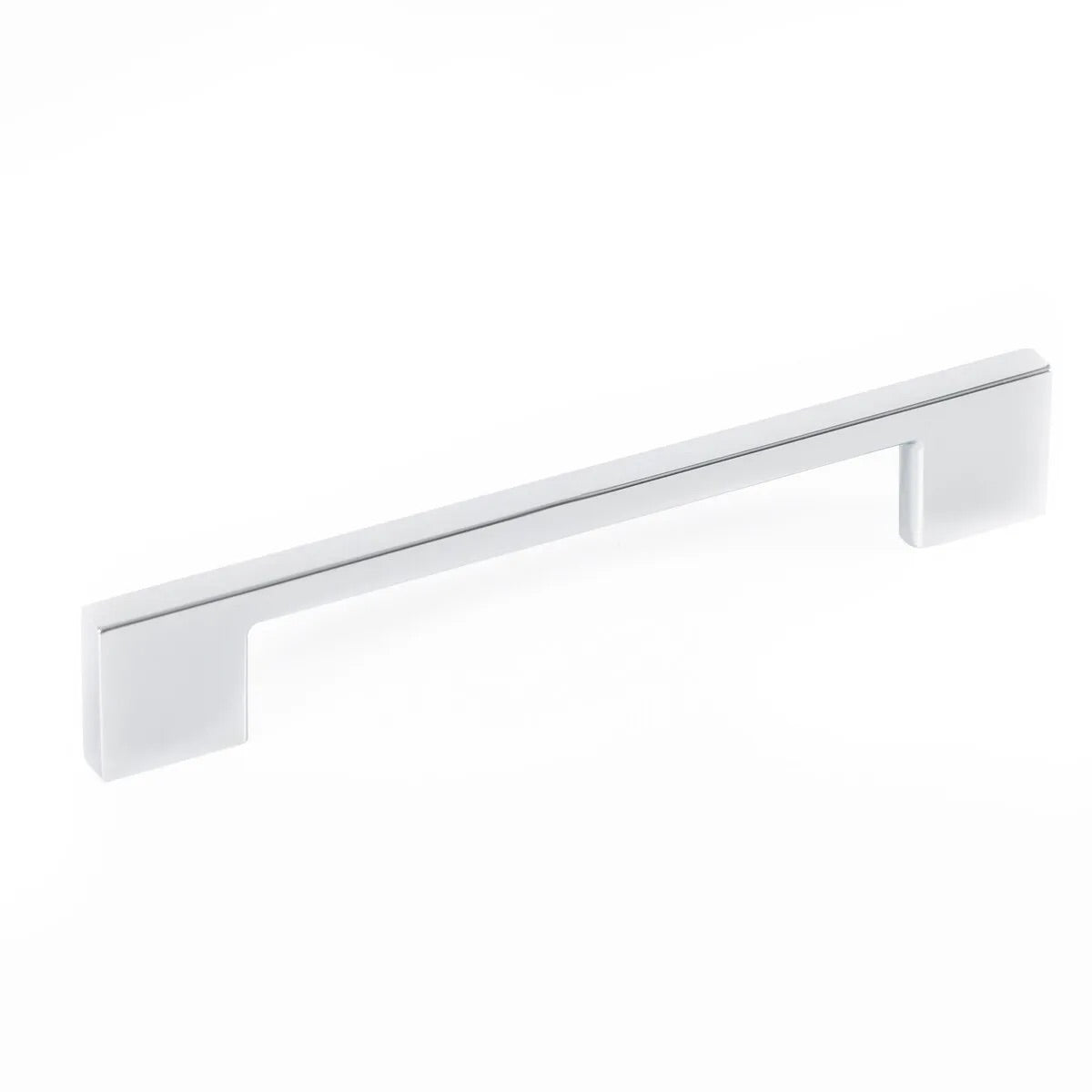 Momo LIVORNO cabinet pull handle with sleek metal design and curved shape, shown on a light wood cabinet.