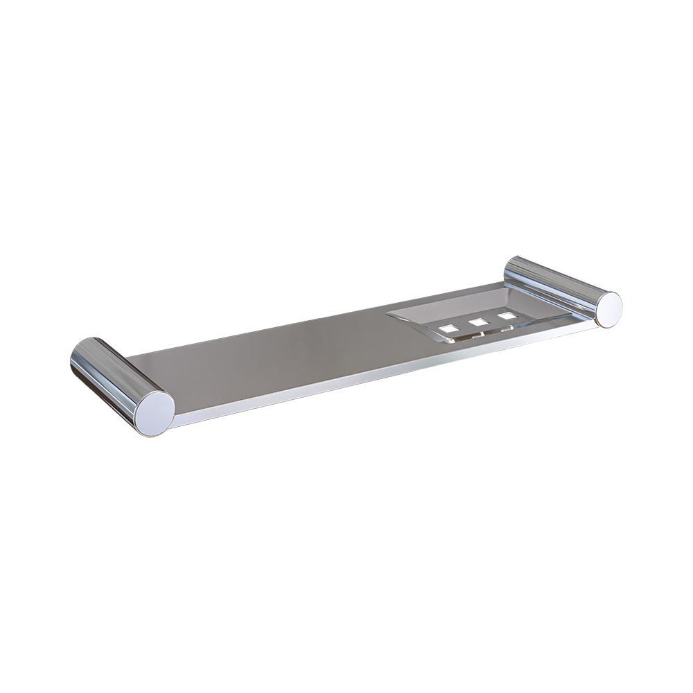Metlam Lawson shower shelf and soap dish in polished stainless steel, wall-mounted with slot for soap and space for toiletries.