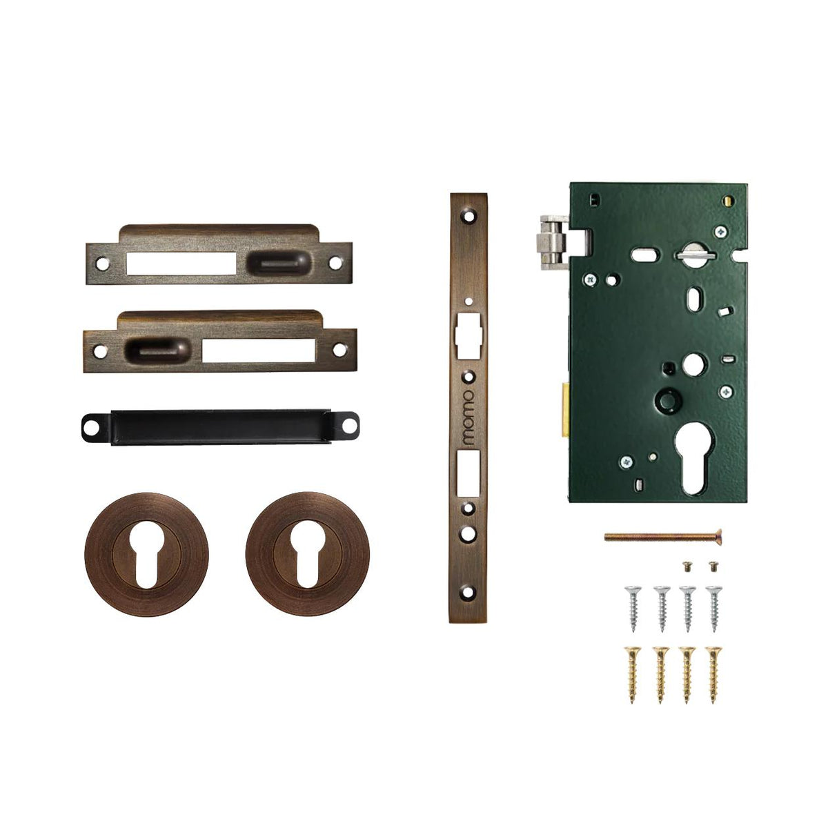 Momo Roller Mortice Lock installed on a door, showcasing its architectural hardware design and brass finish for secure door fitting.