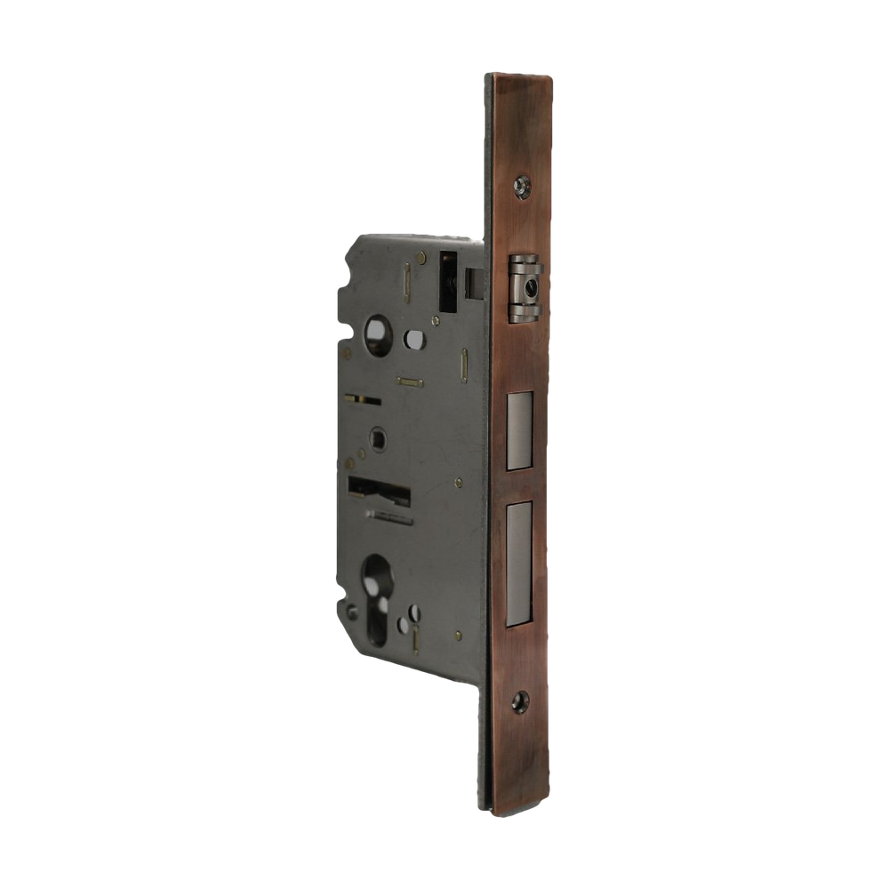Superior Brass Mylock integrated roller latch with privacy and deadbolt for architectural hardware, shown in a close-up view.