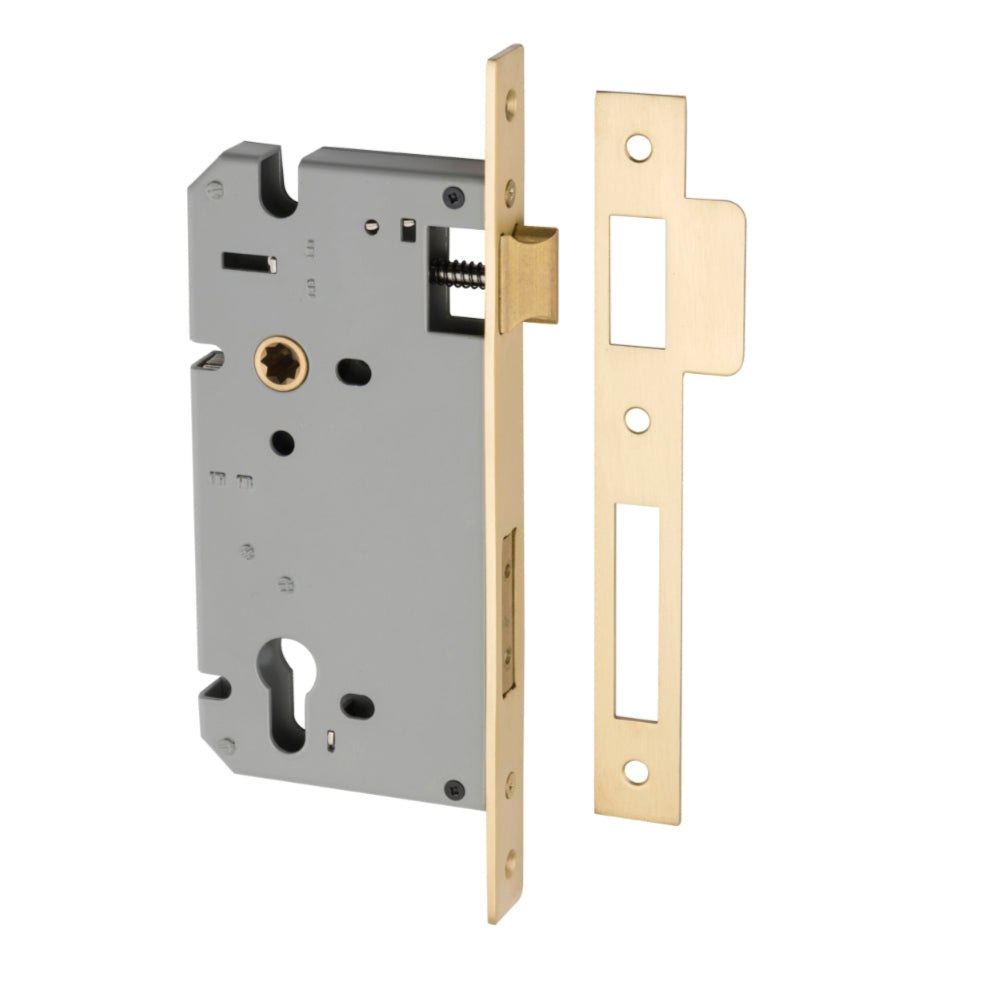 Iver Euro Mortice Lock 85mm CTC with 60mm backset, architectural hardware showing lock faceplate and keyhole in close-up image.