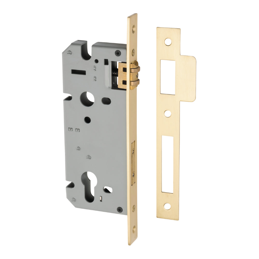 Mortice Lock Roller Euro Brushed Gold PVD CTC85mm Backset 45mm in Brushed Gold PVD