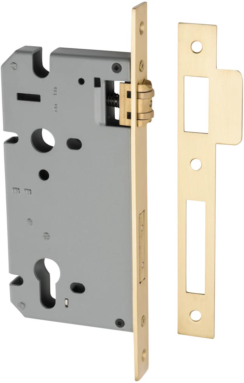 Iver Euro Roller Mortice Lock 85mm CTC with 60mm backset, architectural hardware, silver finish, installed in a door.