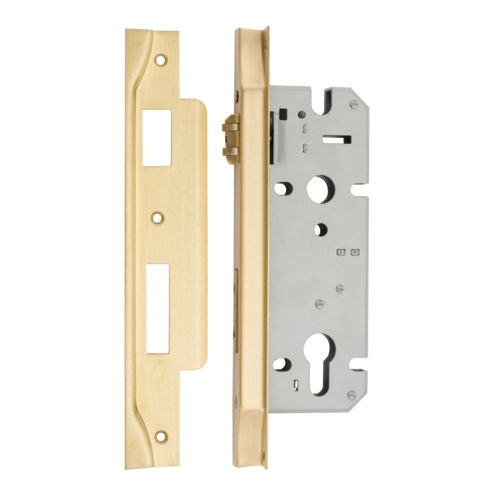 Mortice Lock Roller Euro Rebated Brushed Gold PVD CTC85mm Backset 45mm in Brushed Gold PVD
